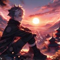 A cool anime boy in chill pose, by the hill of a breathtaking mountain, in sunset, village, digital anime art