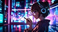 A cool anime-style female hacker inside a futuristic VR world, wearing high-tech glasses