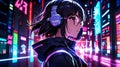 A cool anime-style female hacker inside a futuristic VR world, wearing high-tech glasses