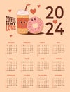 Cool annual calendar 2024 Cute retro couple characters coffee in paper cup and donut. Vector vertical template for 12