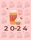 Cool annual calendar 2024 Cute romantic couple coffee paper cup and cream cupcake. Vector vertical template 12 months in