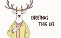 Cool anthropomorphic reindeer making a sign of the horns with his hands, and text Christmas Thug Life, on white background.