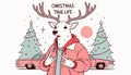 Cool anthropomorphic reindeer wearing a red hoodie and making the sign of horns with his hands, with Christmas trees and a limo in