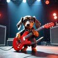 A cool antropomorphic dachshund playing a red guitar. AI generated