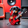 A cool antropomorphic dachshund playing a red guitar. AI generated