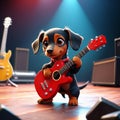 A cool antropomorphic dachshund playing a red guitar. AI generated