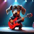 A cool antropomorphic dachshund playing a red guitar. AI generated