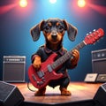 A cool antropomorphic dachshund playing a red guitar. AI generated
