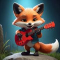 A cool antropomorphic fox playing a red guitar. AI generated