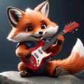 A cool antropomorphic fox playing a red guitar. AI generated