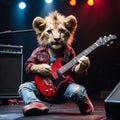 A cool antropomorphic lion playing a red guitar. AI generated