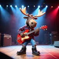 A cool antropomorphic moose playing a red guitar. AI generated