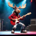 A cool antropomorphic moose playing a red guitar. AI generated