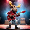 A cool antropomorphic moose playing a red guitar. AI generated