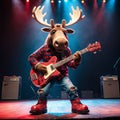 A cool antropomorphic moose playing a red guitar. AI generated