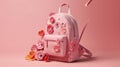 cool artistic generic leather pink gilrs backpack with decotative flowers and