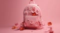 cool artistic generic leather pink gilrs backpack with decotative flowers and ribbons