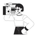 Cool asian girl carrying boombox on shoulder black and white 2D line cartoon character