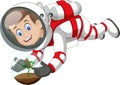 Cool Astronaut Boy In White Red Suit Uniform Flying In Zero Gravity With Plant Cartoon