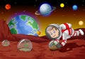 Cool Astronaut Boy in White Red Suit Uniform Planting In Mars Surface With Planets in Background Cartoon