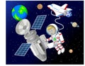 Cool Astronaut Man in Outer Space With Ariplane Shuttle and Satellite Cartoon Royalty Free Stock Photo