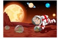 Cool Astronaut Man Planting in Mars Surface With Sun and Other Planets in Background Cartoon