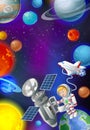 Cool Astronaut With Satelite and Rocker Airplane in Space Cartoon