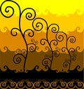 COOL BACKGROUND OF GOLD COLORFUL GRADATION TREE VECTOR WITH BATIK FOREST PATTERN AND GROWING PLANTS BEST DESIGN.