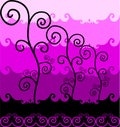 COOL BACKGROUND OF VIOLET COLORFUL GRADATION TREE VECTOR WITH BATIK FOREST PATTERN AND GROWING PLANTS BEST DESIGN.