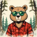 Cool Bear in Plaid Shirt and Sunglasses Royalty Free Stock Photo