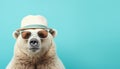 Cool bear traveling with sunglasses and hat studio shot on pastel background with copy space