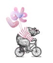 Cool Bear wearing sunglassess Ride Bicycle Balloons Love. Vintage Mascot Cute Fun Grizzly Cycle Valentines day Card