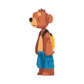 Cool bear wild animal character wearing blue shorts standing with backpack. T-shirt, print, poster, sticker design
