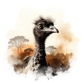 Cool and Beautiful Double Exposure Silhouette Emu Animal in Natural Habitat