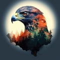 Cool and Beautiful Double Exposure Silhouette Falcon Animal in Natural Habitat.