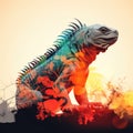 Cool and Beautiful Double Exposure Silhouette Iguana Animal in Natural Habitat