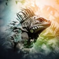 Cool and Beautiful Double Exposure Silhouette Iguana Animal in Natural Habitat