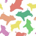 Cool seamless pattern from silhouettes of pigs of different colo