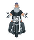Cool biker on a motorcycle. Front view. Charismatic character
