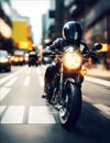 Cool biker riding motorcycle through city streets, generative ai