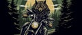 Cool biker wolf riding motorcycle. Hard rock dark fantasy character illustration