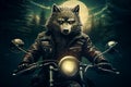 Cool biker wolf riding motorcycle. Hard rock dark fantasy character illustration