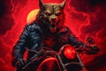 Cool biker wolf riding motorcycle. Hard rock dark fantasy character illustration