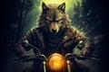 Cool biker wolf riding motorcycle. Hard rock dark fantasy character illustration