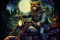 Cool biker wolf riding motorcycle. Hard rock dark fantasy character illustration