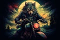 Cool biker wolf riding motorcycle. Hard rock dark fantasy character illustration