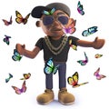 Cool black African hiphop rapper surrounded by butterflies, 3d illustration