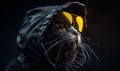 Cool black cat in a hood and yellow aviator glasses. Gorgeous proud feline looking ahead. Black backdrop. Generative AI