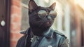Cool Black Cat. A Pet In Sunglasses And Leather Jacket Royalty Free Stock Photo