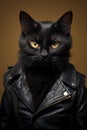 A cool black cat wearing a black leather jacket. Generative AI Royalty Free Stock Photo